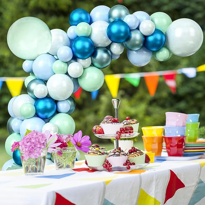 125pcs Blue Green Macaron Balloon and Metallic Blue Silver Balloon Garland Kit for Birthday Retirement Bridal Baby Shower Graduation Wedding Anniversary Party Decoration