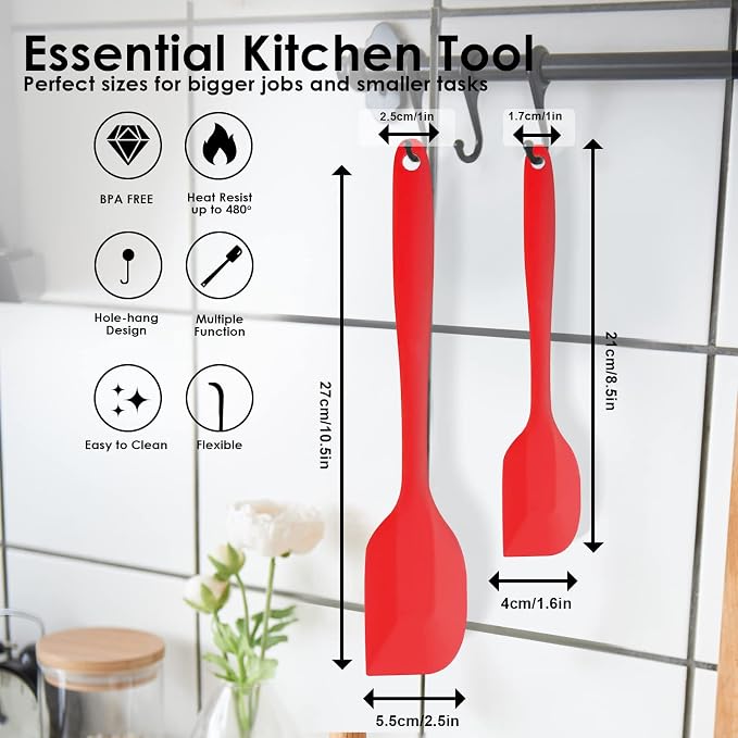 Silicone Spatula Set 2 Pcs Heat Resistant Rubber Spatula for Non-stick Cookware BPA Free (Red)