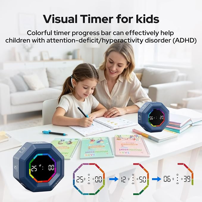Visual Timer for Kids Kitchen Timer Pomodoro Magnetic Visual Countdown | Smart Gravity Sensing Timer with Large Display Loud Alarm for Study Cooking Classroom Homework Time Management