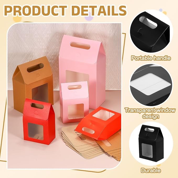 uxcell 12Pcs Gift Boxes, Favor Box with Clear Window and Handle, Stand Up Favor Treat Boxes for Candy, Cookies, Party Store, Packaging, Wedding, Black