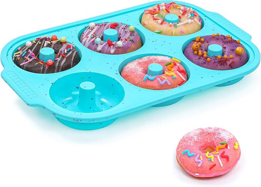 Silicone Donut Pan for Baking with Metal Reinforced Frame, Nonstick 3.25 inch Doughnut Baking Pans, 6 Cavity Donut Trays, Make Perfect Bagels and Cake Donuts (Aque)