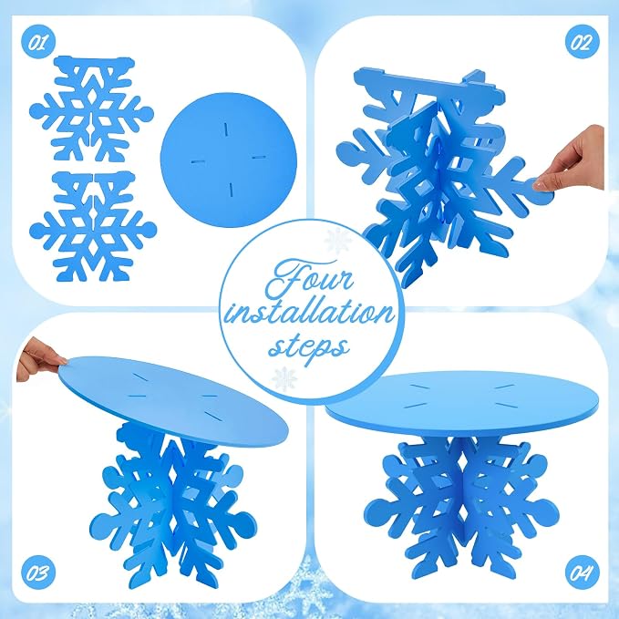 Lallisa 12" Blue Snowflake Frozen Cake Stand 3D Snowflake PVC Cake Decorations with Engraved Snow Themed Holder Winter Dessert Stand Centerpieces for Frozen Winter Birthday Party Supplies