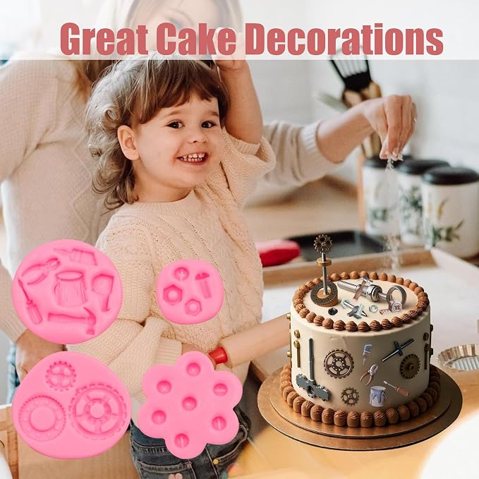 Hand Tools Silicone Mold 4 Pcs, Construction Tools Fondant Molds Gears Screw Nut Candy Molds for Chocolate Cake Decoration Cupcake Topper Cake Polymer Clay Crafts Epoxy Resin