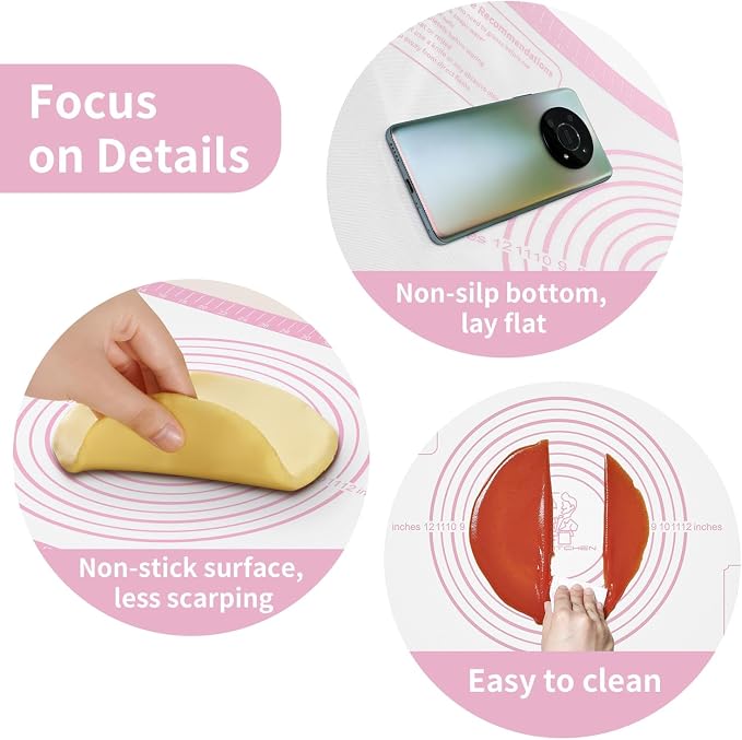 Silicone Pastry Mat for Dough Rolling, Extra Large Silicone Baking Mat with Measurements, Baking sheet for Cookies Fondant Pie Crust, Pink 28X20 INCH