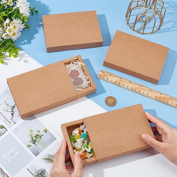 BENECREAT 20 Pack Brown Kraft Paper Drawer Boxes, 5.3x3.8x1 Inch Rectangle Kraft Paper Gift Box Cookie Boxes for Wedding Party Gifts, Jewellery Packaging