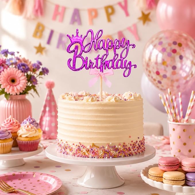 Purple Acrylic Happy Birthday Cake Topper with Crown and Bow | Glossy purple acrylic script with crown and bow adds an elegant finishing touch to birthday cakes and celebration desserts.