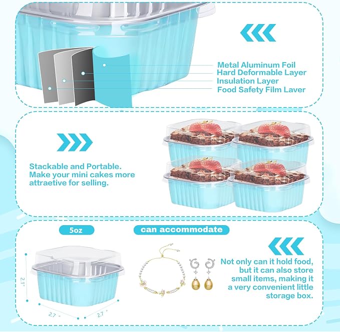 30Pack 5oz Blue Mini Cake Pans with Lids and Spoons Baking Cups Aluminum Foil Pans Tins, Individual Dessert Cups Containers for Sales,Party,Picnics