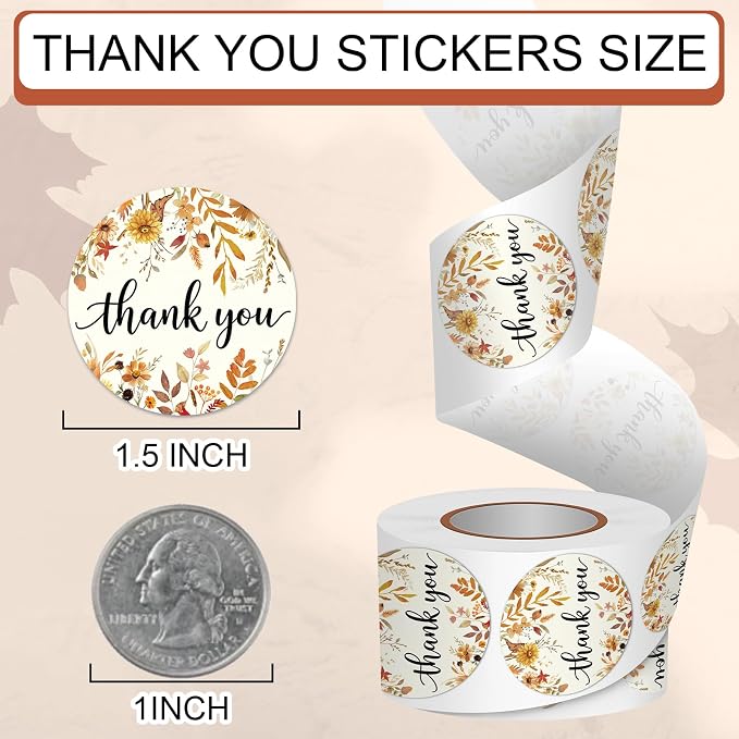Louise Maelys 1.5 Inch Thank You Stickers-500 Pcs Thank You Label Sticker with Autumn Floral Design for Small Business, Party Favors, Gift Wrapping, Scrapbooking,Envelope