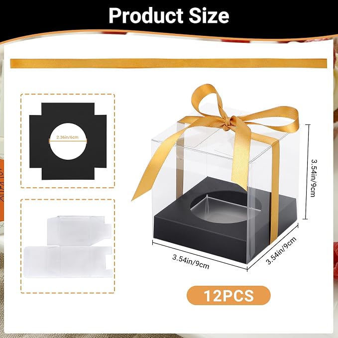 EUSOAR Cupcake Containers, 12 Pcs 3.5 Inch Single Individual Pastry Cupcake Boxes Transparent with Inserts, Clear Dessert Muffin Holder Disposable Cake Carrier for Wedding Party Favor Decor-Black/Gold