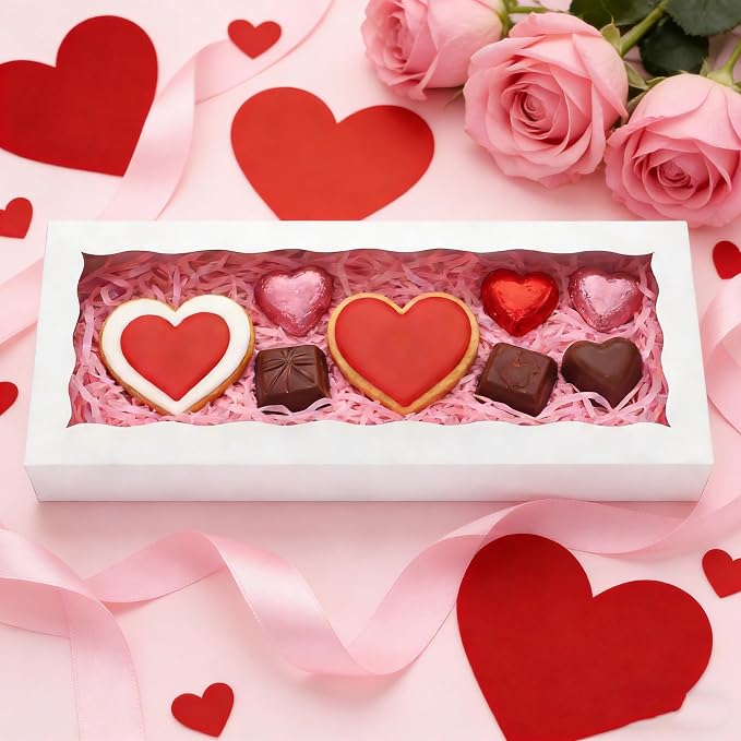 XINHPKGG 5pcs Cookie Boxes with window 12 x 5 x 1.5 Inch Bakery Boxes Treat Box Dessert Box for Wedding Party Favors - White