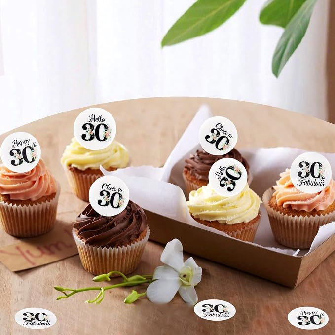 40Pcs Edible Circle Happy 30th Birthday Cupcake Toppers Edible Floral Hello 30 Fabulous Cheers to 30 Cupcake Picks Drink Toppers for Funny Female Floral 30th Birthday Party Decorations