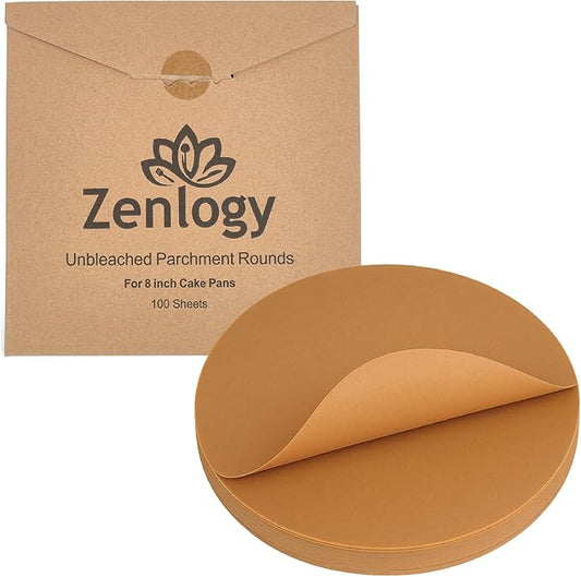Zenlogy 8 Inch Parchment Paper Rounds (100 Sheets) - Unbleached, Pre-cut, High Heat, Round Liners - Fits 8 inch Round Cake Pans or Great for Freezing, Storing, and Separating