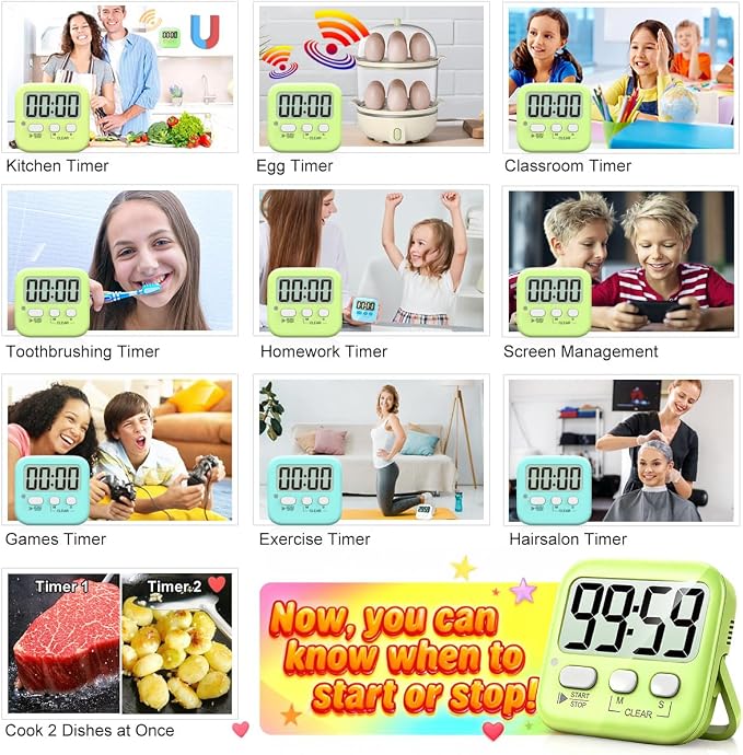 Antonki 2 Pack Digital Timer for Kids, Magnetic Countdown Kitchen Timers for Cooking, Egg, Classroom, Teacher, Exercise, Study, Oven - Battery Included