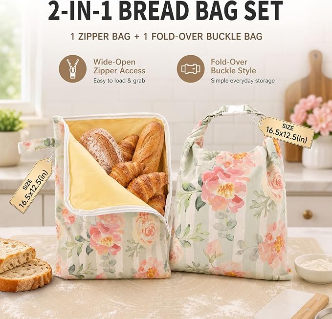 2 Pack Reusable Beeswax Bags for Sourdough Bread, 17"x 12", Floral | Bread Storage Bags with Zipper and Buckle, Wax-Lined Cotton-Linen Bags for Baguettes, Bagels, and Pastries