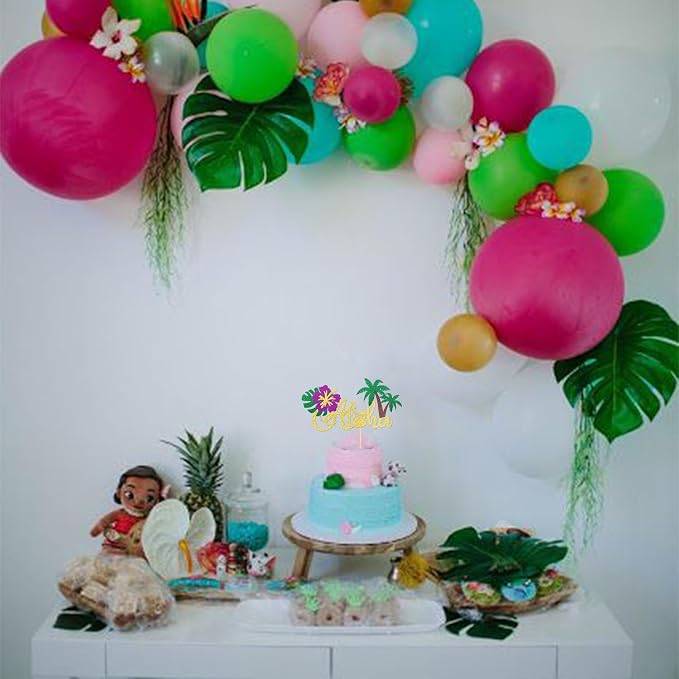 1 PCS Aloha Cake Topper Glitter Tropical Luau Palm Leaves Tree Flower Cake Pick Decoration for Summer Hawaiian Luau Tropical Aloha Theme Baby Shower Birthday Party Cake Decorations Supplies