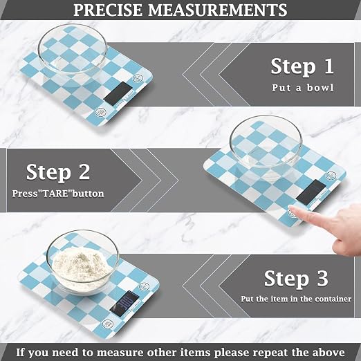 Food Scale Kitchen Digital Scale Food Ounces and Grams Dieting Baking Cooking Waterproof Glass Panels LCD Display,4 Units Scale Tare Function Plaid Blue White Checkered