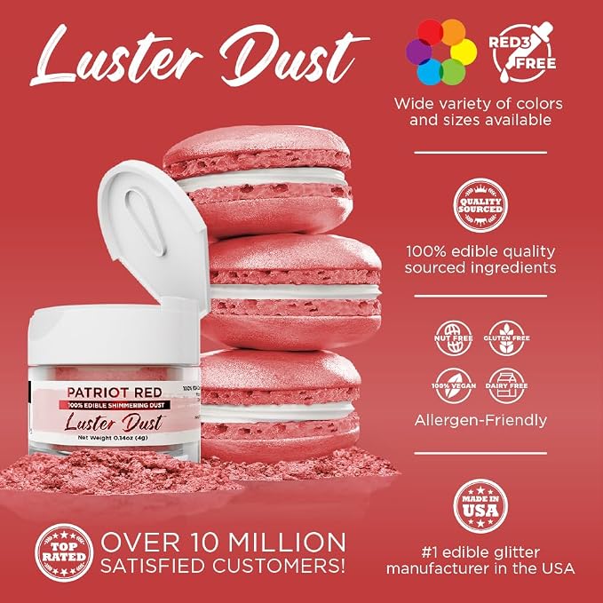 Luster Dust - Patriot Red (4g 1x Jar) | Edible Vegan Dust & Paint for Cake Decorating, Ice Cream, Desserts, Cocktails and Beverages by Bakell