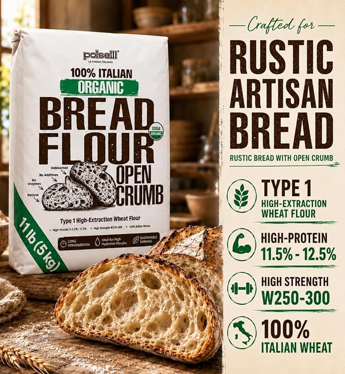 Polselli Organic Bread Flour, High-Extraction Type 1 Wheat Flour, 5 kg | High-protein Italian organic wheat flour for sourdough and artisan breads; unbleached, unbromated, non-GMO, no enzymes
