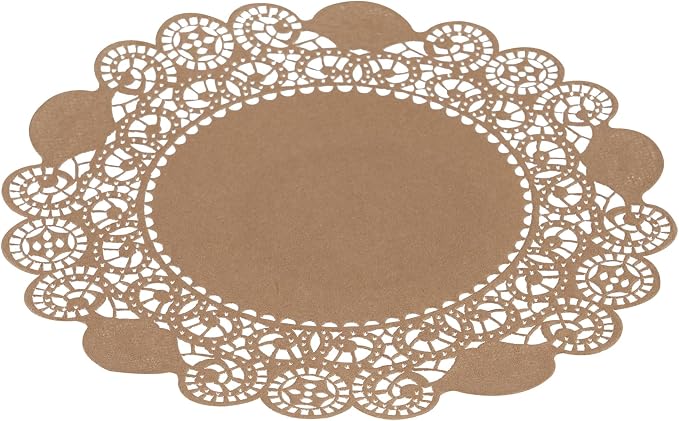 Pastry Tek 6 x 6 Inch Paper Lace Doilies, 100 Disposable Table Doilies - Elegant Lace Finish, Long Lasting, Brown Paper Doily, for Pastries, Cupcakes, Desserts - Restaurantware
