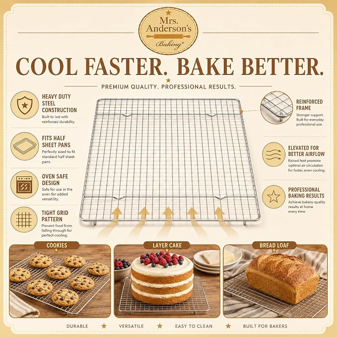 Mrs. Anderson’s Baking Professional Half Sheet Baking and Cooling Rack, 16.5 x 11.75-Inches, Set of 2