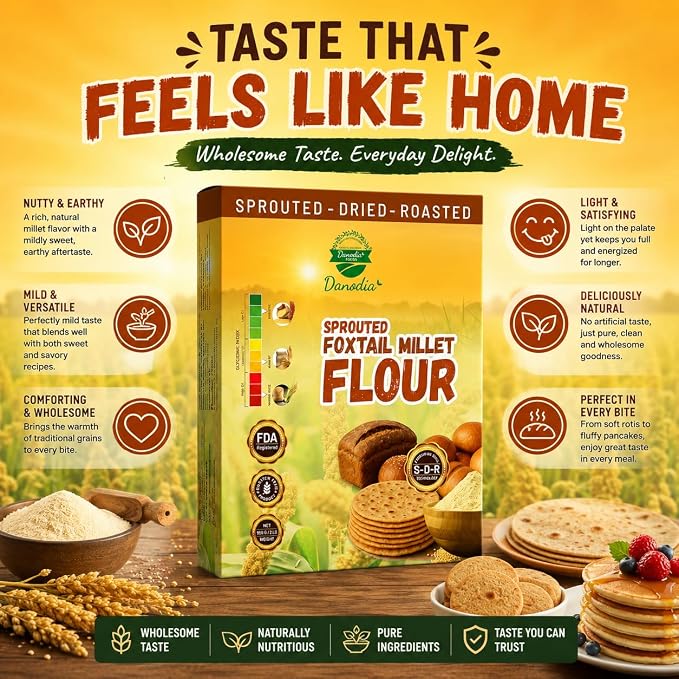 Danodia Foods Organic Foxtail Millet Flour 950g/2 lb | Gluten Free, Sprouted, Roasted & Ground Millet Flour | For Flatbread, Cookies, Pancakes, Baking & Indian Cooking | Low GI