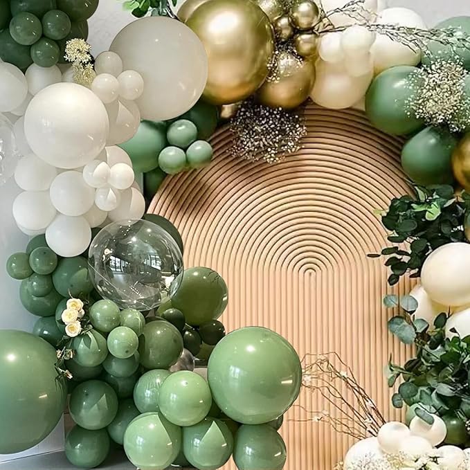 Green White Gold Balloon Arch Kit, 146Pcs Avocado Green Metallic Chrome Gold Confetti and White Latex Balloons for Wedding Birthday Baby Shower Decoration