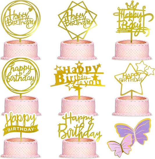 28 Pcs Happy Birthday and Butterfly Cake Toppers Set, Acrylic Gold Birthday Cupcake Toppers, Butterfly Cake Decorations