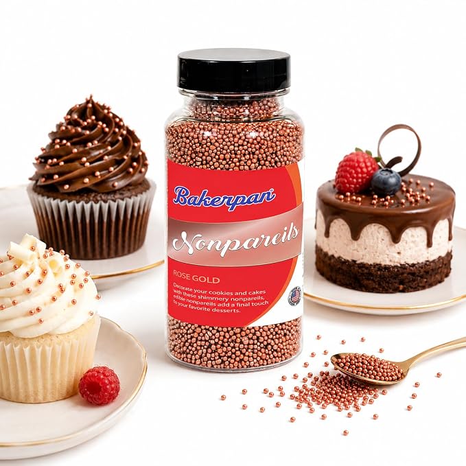 Bakerpan Edible Rose Gold Nonpareils Sprinkles 5.1 oz - Rose Gold Sprinkles for Cake Decorating, Cupcakes, Cookies, Birthdays & Weddings | Kosher, Gluten-Free, Made in USA