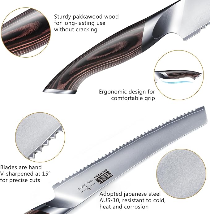 HOSHANHO Bread Knife 10 inch, Japanese High Carbon Stainless Steel Serrated Bread Knives, Professional Bread Cutting Knife for Homemade Bread