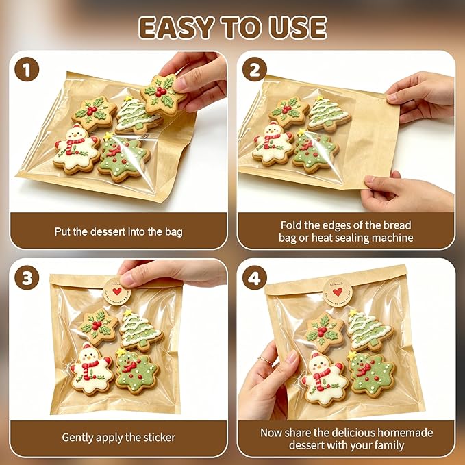 Individual Cookie Packaging Bags with Seal 120 Pack Bakery Bags for Cookies | 5.7x6.5 Inch Kraft Paper Cookie Bags with 120PCS Handmade Sticker Bakery Packaging Bags with Window for Candy Scone Brownie