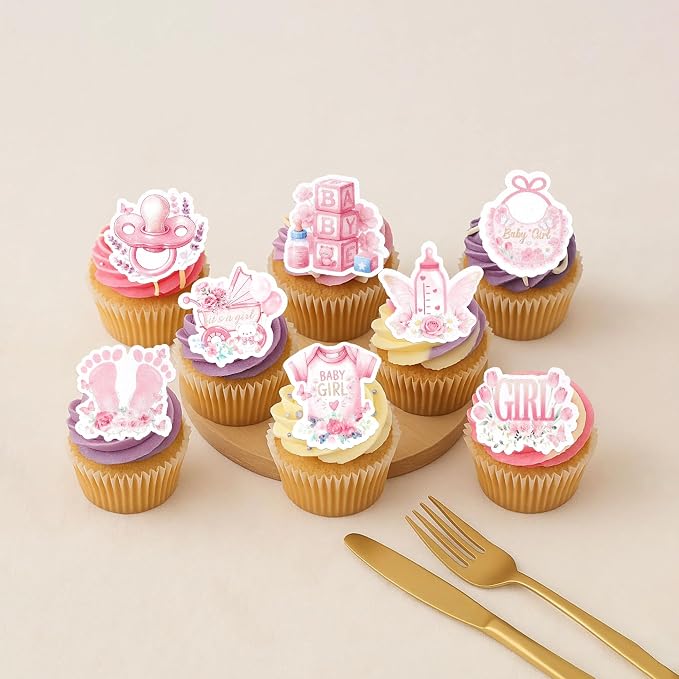 63 PCS Edible Baby Shower Cupcake Toppers Bottle Carriage Oh Baby Girl Cupcake Picks Edible It's a Girl Cupcake Decorations for Gender Reveal Baby Shower Birthday Party Cake Decorations Supplies Pink