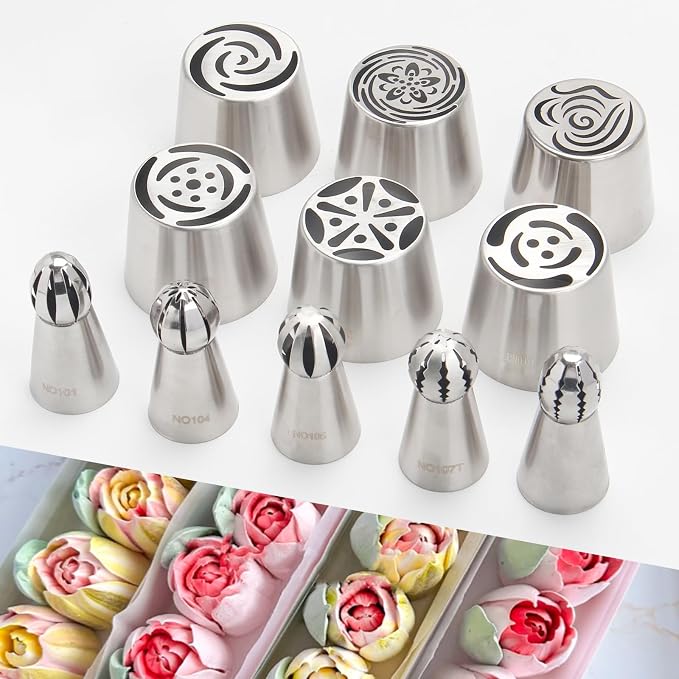 11Pcs Extra Large Russian Piping Tips Set, Stainless Steel Icing Nozzles for Buttercream Flowers 6 XXL and 5 Round Piping Tips for DIY Cookies Desserts Cake Decoration Baking Tools (11-Pack)