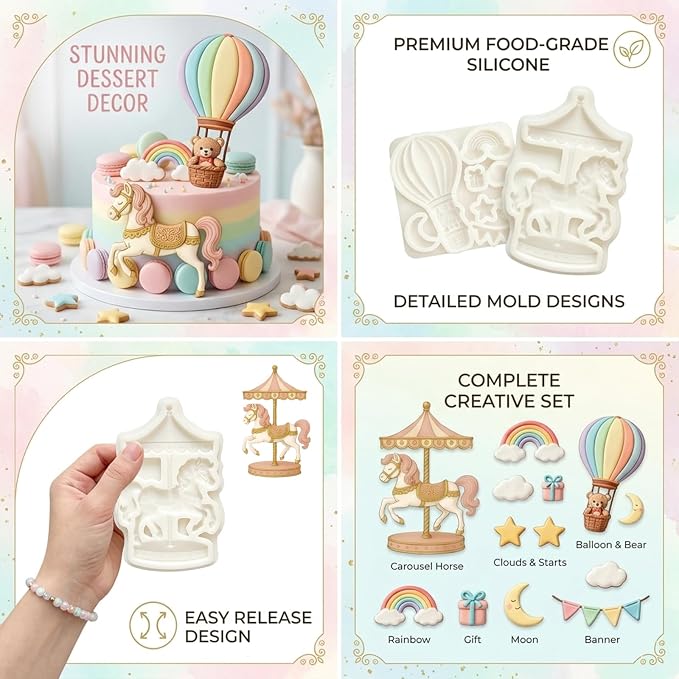 2Pcs Carousel & Hot Air Balloon Fondant Molds 3D Bear Rainbow Silicone Candy Molds for Cake Decorating, Cupcake Toppers, Cholocate, Polymer Clay, UV Resin, Flexible Gum Paste Tool