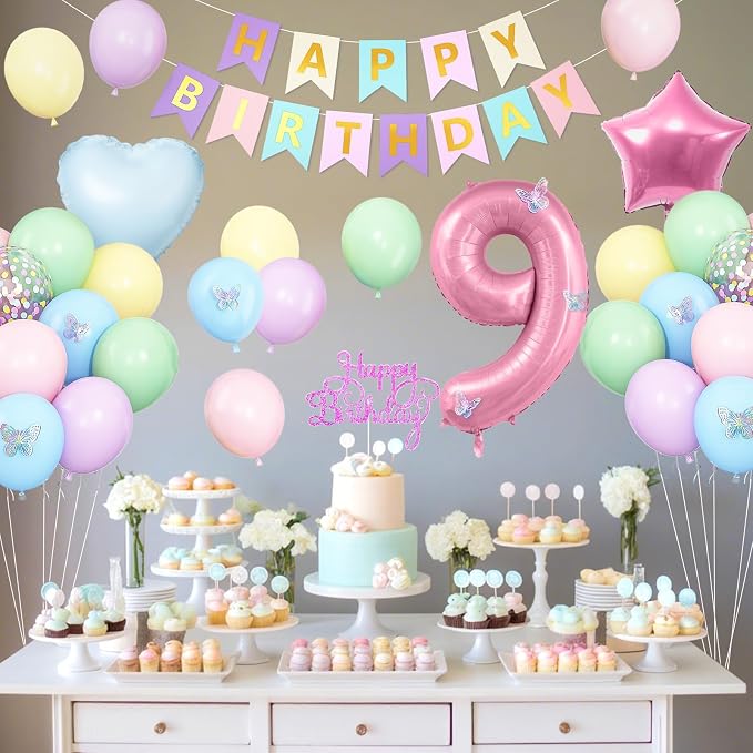 Pastel 9th Birthday Decorations for Girl,Macaron Rainbow 9th Party Decoration Colorful Balloons Banner Star Heart Number 9 Foil Balloon Cake Topper Butterfly Party Decorations