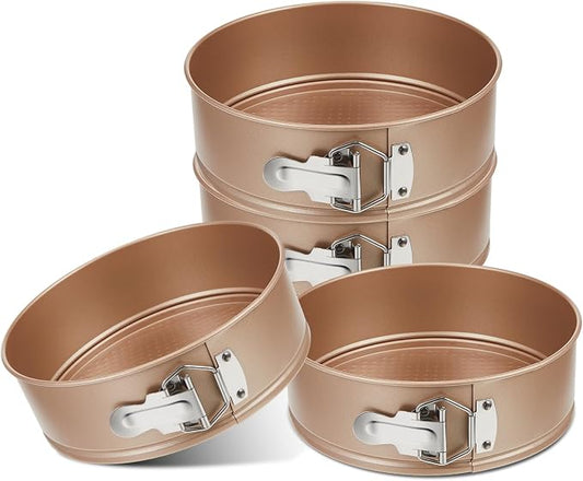 Funnymoom 4 Pcs 8 Inch Non Stick Springform Pan with Removable Bottom Carbon Steel Round Springform Cheesecake Pan with Stainless Steel Spring Buckles for Baking Kitchens Restaurant(Champagne Gold)