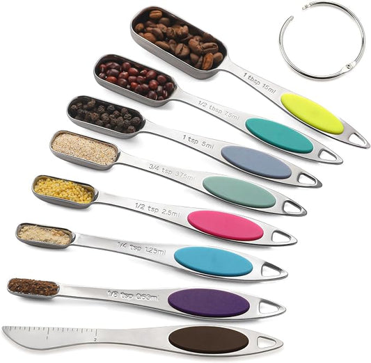 Magnetic Measuring Spoons Set Includes 7 Stainless Steel Magnetic Measuring Spoons,Nesting Measuring Spoon Teaspoon with Leveler for Dry or Liquid Ingredients (8, Colorful)