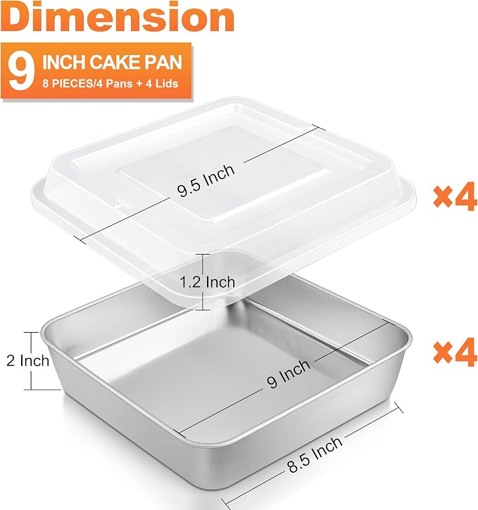 Herogo Baking Pan with Lid (4 Pans + 4 Lids), 9''x 9'' Stainless Steel Nonstick Square Deep Cake Pan, Rectangle Cakes Bakeware for Brownies Casseroles, Non Toxic & Dishwasher Safe, Set of 4