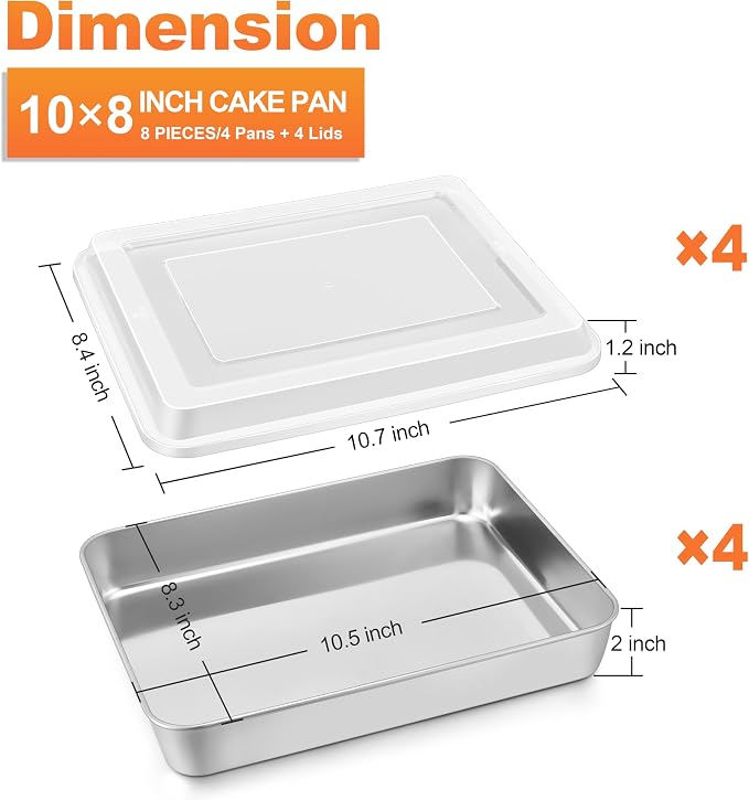 Herogo Baking Pan with Lid (4 Pans + 4 Lids), 8 x 10 Inch Nonstick Rectangle Stainless Steel Cake Bakeware Set, for Brownies Cakes Casseroles, Non Toxic & Dishwasher Safe