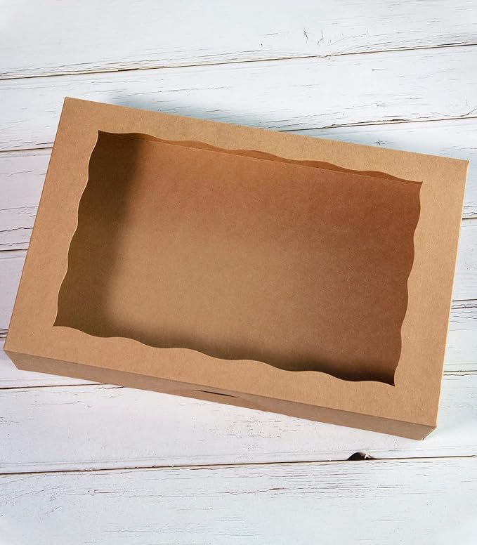Brown Pastry Bakery Box 14x10x3inch,Large Donuts,Muffins,Cookies Boxes with PVC Window - Auto-Pop up Paper Box Nature Cardboard Take Out Container,Pack of 15