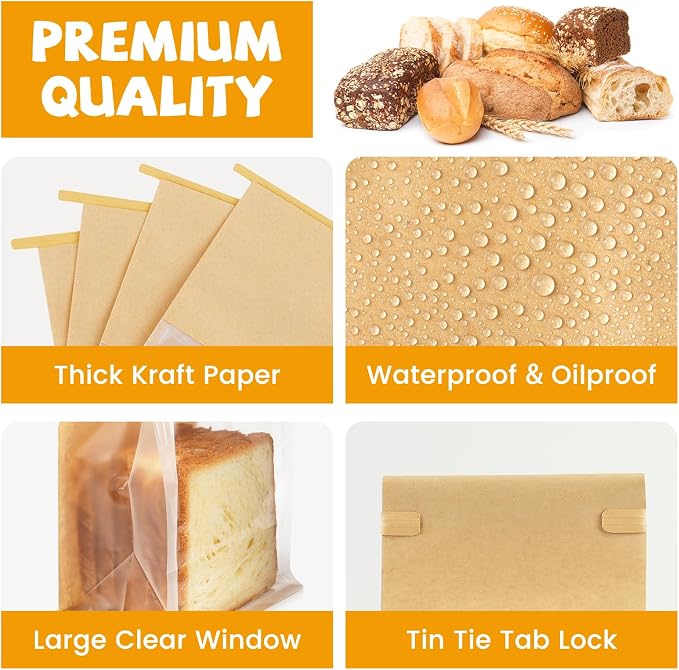 50 Pack Bakery Bags with Window, 5.1x3.9x11 Inches Tin Tie Tab Lock Resealable Cookie Bags for Packaging Bagels, Bread Loaf, Pastry, Baked Goods | Thick Material