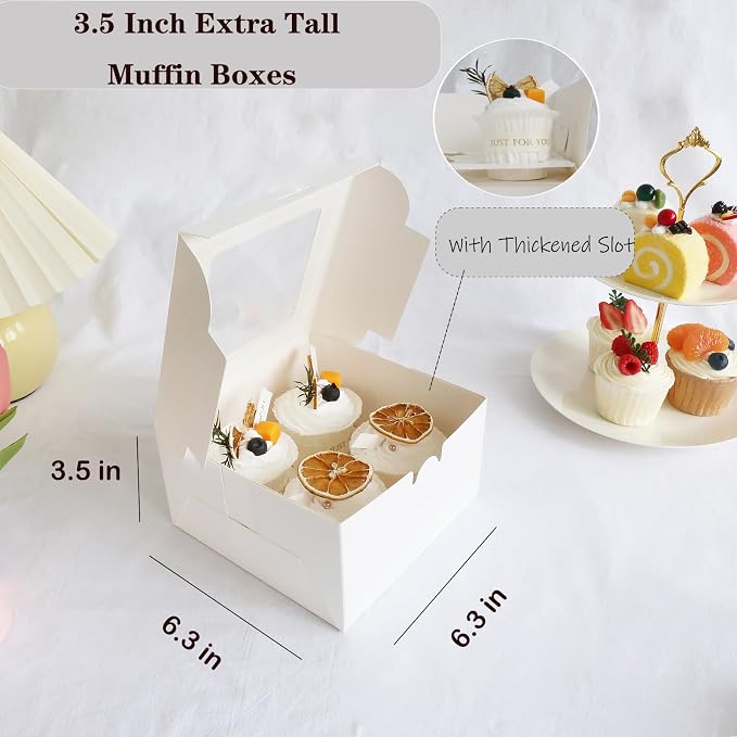 HUFElI 3.5 Inch Extra Tall Cupcake Boxes 4 Count with Window, Bakery Boxes, Food Grade Muffin Container，Treat Boxes for Cookies，Candies，Mini Cakes & Baked Goods - 6.3x6.3x3.5 inch, 20 Pack