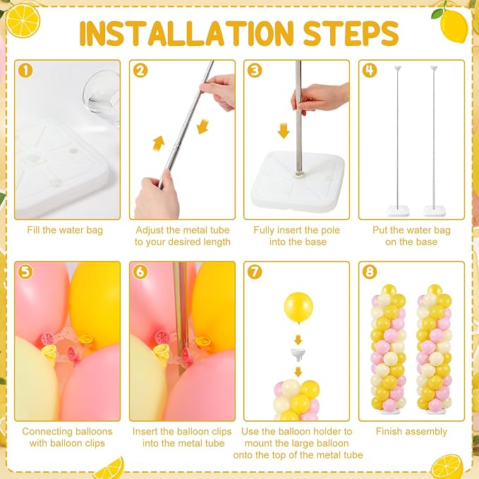 Skylety Lemon Balloon Column Stand Kit, 2 Sets 6.5 Ft Adjustable Balloon Tower Stand with Bases Pastel Yellow Light Pink Balloons Decorations for Birthday Wedding Baby Shower Party Supplies