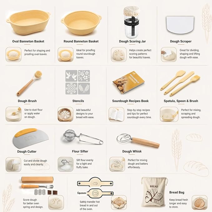 Sourdough Starter Kit, 28Pcs Sourdough Bread Baking Supplies, Sour Dough Bread Kit with 2 Silicone Banneton Bread Proofing Baskets, Sourdough Kit with Glass Starter Jar, Complete Bread Making tools