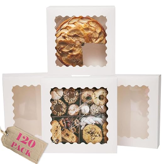 qiqee 10"x 10"x 2.5" White Pie Boxes with Window 120Packs Cookie Donut Bakery Box (Auto-pop Up)