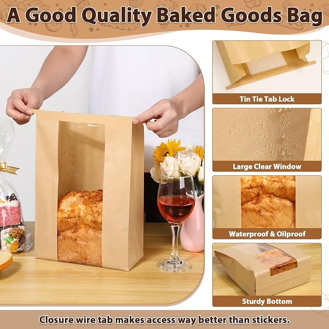 Sublaga Bread Bags with Tin Tie Tab Lock, 70 Pack Large Kraft Paper Sour Dough Bag for Homemade Bread Sourdough Bags 14" x 8.3" x 3.5" for Treat Packaging Storage Gift Giving with 75 Pcs Seal Sticker
