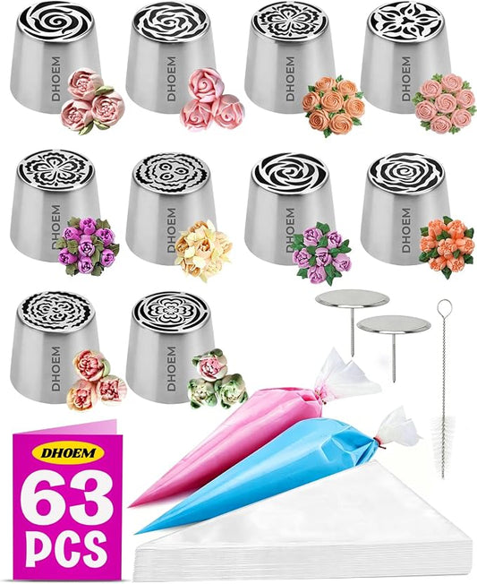 63 Pcs Stainless Steel Russian Piping Tip Set, 10 Flower Nozzles Baking for Flower Decorations: Roses, Tulips, Marshmallow Buttercream Bouquets, Cake Decorating Supplies for Wedding