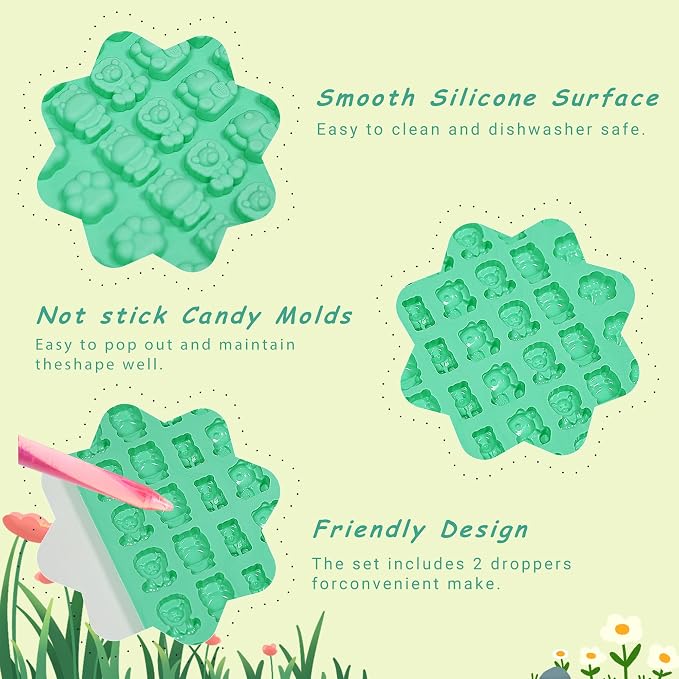 7Pcs Gummy Bear Molds Silicone, Nonstick Animals Gummy Molds Includes Bear, Lions, Lucky Cats, Hippopotamus, Gummy Candy Chocolate Molds for Kids with 2 Droppers for Convenient Filling