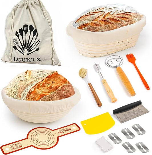 Banneton Basket Set, Complete Sourdough Baking Kit with 9'' Round and 10'' Oval Proofing Bowls Bread Baskets, Sling, and Other Bread Making Supplies Tools - Ideal for Artisan Bread