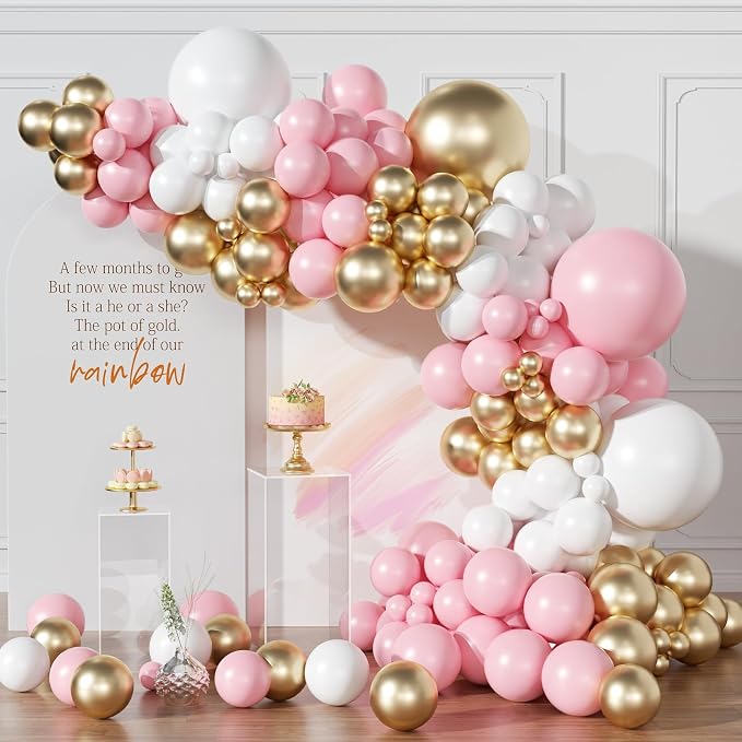 Pink and White Gold Balloons Arch Kit,154pcs 18/10/5inch Pastel Pink White and Metallic Gold Latex Balloons for Women Girls Birthday Baby Shower Wedding Bridal Shower Party Decorations