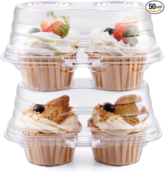 2 Cavity Cupcake Boxes-Stackable Regular Cupcake Carrier Holder, Thicker Clear Cupcake Boxes, Non-slip High Topping Cupcake Containers for Cupcakes, Muffins (50)